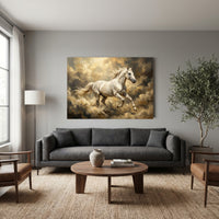 White Horse Galloping Through Golden Clouds Canvas Wall Art, Majestic Stallion Print, Dreamy Equestrian Decor