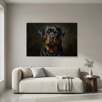 Rottweiler Dark Portrait Canvas Wall Art, Classic Dog Oil Painting Print