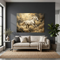 White Horse Galloping Through Golden Clouds Canvas Wall Art, Majestic Stallion Print, Dreamy Equestrian Decor
