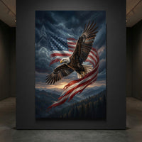 Bald Eagle Flag Sunset Stretched Canvas Wall Art, Patriotic Mountain Silhouette Print, Freedom Wall Decor