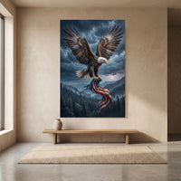 Bald Eagle Rain Storm Flag Stretched Canvas Wall Art, Patriotic Wilderness Print, Freedom Wall Decor