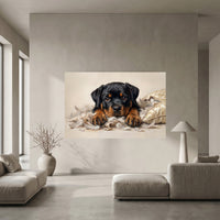 Rottweiler Puppy Shredded Pillow Canvas Wall Art, Funny Dog Print, Guilty Puppy Decor