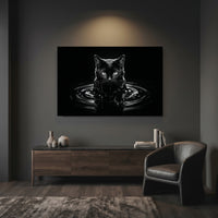 Black Cat Emerging from Dark Water Canvas Wall Art, Dramatic B&W Cat Photography Print