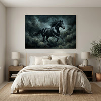Black Stallion Storm Stretched Canvas Wall Art, Galloping Horse Print, Dramatic Equestrian Decor
