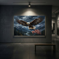 Bald Eagle Mountain Flag Stretched Canvas Wall Art, Stormy Wilderness River Print, Patriotic Wall Decor