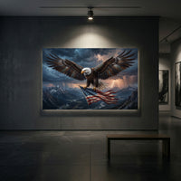 Bald Eagle Flag Lightning Stretched Canvas Wall Art, Mountain Valley Storm Print, Patriotic Wall Decor