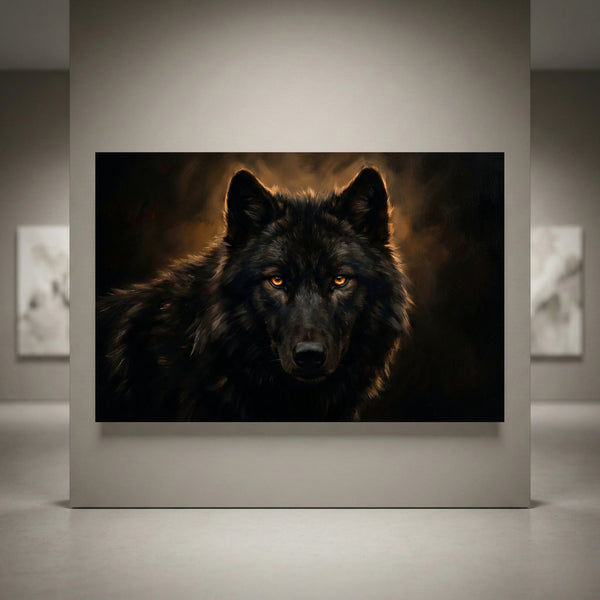 Black Wolf Portrait Stretched Canvas Wall Art, Amber Eyes Wildlife Print, Dramatic Animal Decor
