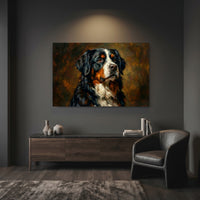Bernese Mountain Dog Oil Painting Canvas Wall Art, Classic Dog Portrait Print, Warm Rustic Decor