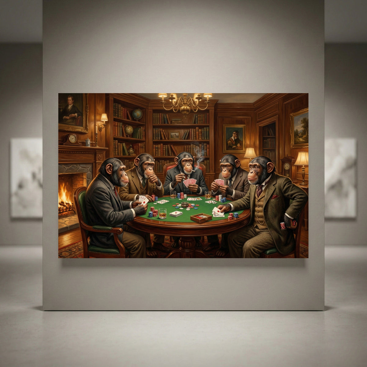 Five chimpanzees playing poker canvas art