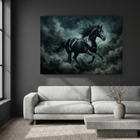 Black Stallion Storm Stretched Canvas Wall Art, Galloping Horse Print, Dramatic Equestrian Decor