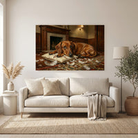 Guilty Dachshund with Torn Pillow Canvas Wall Art, Funny Dog Print, Classic Home Decor