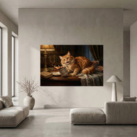 Ginger Cat Knocking Over Coffee Mug Canvas Wall Art, Funny Cat Print, Classic Study Decor