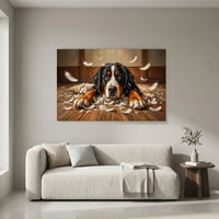 Guilty Bernese Mountain Dog with Torn Pillow Canvas Wall Art, Funny Dog Print, Playful Pet Decor