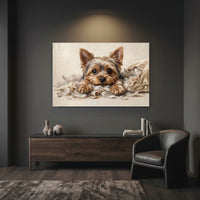 Yorkshire Terrier Puppy Shredded Pillow Canvas Wall Art, Funny Dog Print, Playful Pet Decor