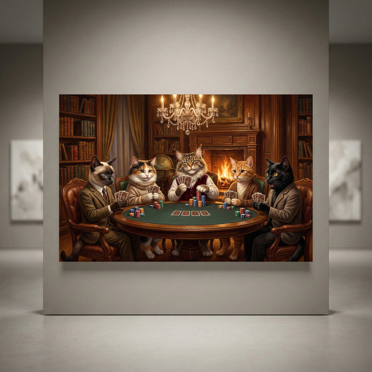 Five cats playing poker canvas art