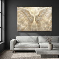 Golden Angel Wings Stretched Canvas Wall Art, Heavenly Light Rays Print, Faith Wall Decor