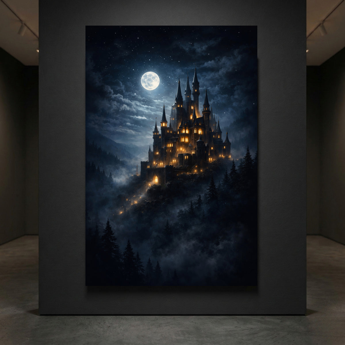 Moonlit Fantasy Castle Stretched Canvas Wall Art, Enchanted Night Sky Print, Mystical Room Decor