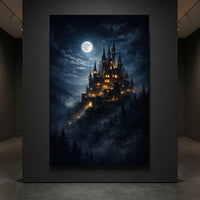 Moonlit Fantasy Castle Stretched Canvas Wall Art, Enchanted Night Sky Print, Mystical Room Decor