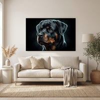 Electric Rottweiler Portrait Canvas Wall Art, Glowing Blue Dog Print, Modern Pet Decor