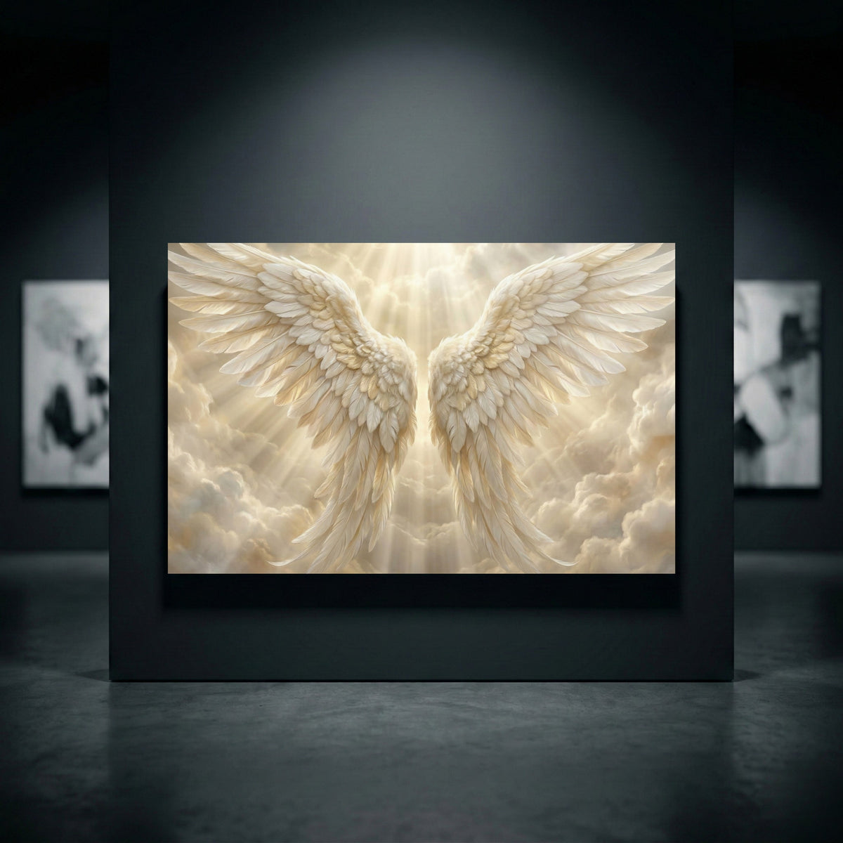 Golden Angel Wings Stretched Canvas Wall Art, Heavenly Light Rays Print, Faith Wall Decor