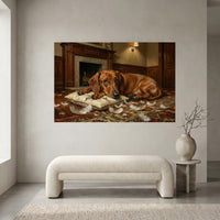 Guilty Dachshund with Torn Pillow Canvas Wall Art, Funny Dog Print, Classic Home Decor