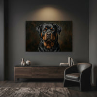 Rottweiler Dark Portrait Canvas Wall Art, Classic Dog Oil Painting Print