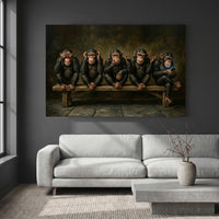 Five Wise Monkeys with Smartphone Canvas Wall Art, Funny Modern Twist Print, Humorous Office Decor
