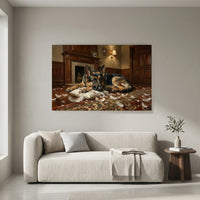 Guilty German Shepherd with Torn Pillow Canvas Wall Art, Funny Dog Print, Classic Home Decor