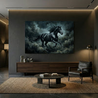Black Stallion Storm Stretched Canvas Wall Art, Galloping Horse Print, Dramatic Equestrian Decor