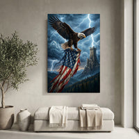 Bald Eagle American Flag Stretched Canvas Wall Art, Stormy Castle Tower Print, Patriotic Wall Decor