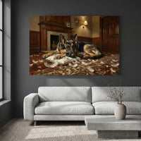 Guilty German Shepherd with Torn Pillow Canvas Wall Art, Funny Dog Print, Classic Home Decor