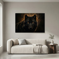 Black Wolf Portrait Stretched Canvas Wall Art, Amber Eyes Wildlife Print, Dramatic Animal Decor