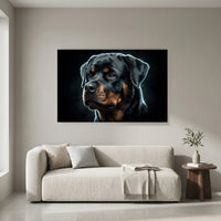 Electric Rottweiler Portrait Canvas Wall Art, Glowing Blue Dog Print, Modern Pet Decor