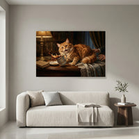 Ginger Cat Knocking Over Coffee Mug Canvas Wall Art, Funny Cat Print, Classic Study Decor