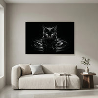 Black Cat Emerging from Dark Water Canvas Wall Art, Dramatic B&W Cat Photography Print