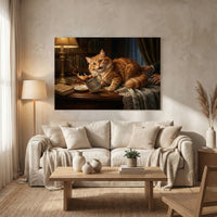 Ginger Cat Knocking Over Coffee Mug Canvas Wall Art, Funny Cat Print, Classic Study Decor