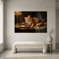 Ginger Cat Knocking Over Coffee Mug Canvas Wall Art, Funny Cat Print, Classic Study Decor