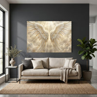 Golden Angel Wings Stretched Canvas Wall Art, Heavenly Light Rays Print, Faith Wall Decor