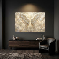 Golden Angel Wings Stretched Canvas Wall Art, Heavenly Light Rays Print, Faith Wall Decor