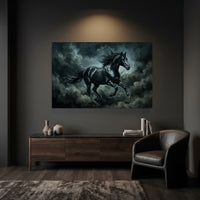 Black Stallion Storm Stretched Canvas Wall Art, Galloping Horse Print, Dramatic Equestrian Decor