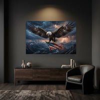 Bald Eagle Flag Lightning Stretched Canvas Wall Art, Mountain Valley Storm Print, Patriotic Wall Decor