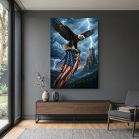 Bald Eagle American Flag Stretched Canvas Wall Art, Stormy Castle Tower Print, Patriotic Wall Decor
