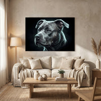 Electric Pit Bull Portrait Canvas Wall Art, Glowing Blue Dog Print, Modern Pet Decor