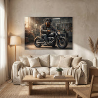 Rottweiler Biker Stretched Canvas Wall Art, Funny Dog on Motorcycle Print, Garage Wall Decor