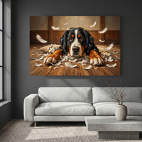 Guilty Bernese Mountain Dog with Torn Pillow Canvas Wall Art, Funny Dog Print, Playful Pet Decor