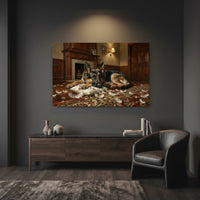 Guilty German Shepherd with Torn Pillow Canvas Wall Art, Funny Dog Print, Classic Home Decor