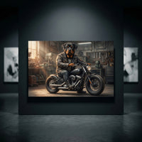 Rottweiler Biker Stretched Canvas Wall Art, Funny Dog on Motorcycle Print, Garage Wall Decor