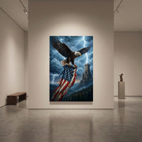 Bald Eagle American Flag Stretched Canvas Wall Art, Stormy Castle Tower Print, Patriotic Wall Decor