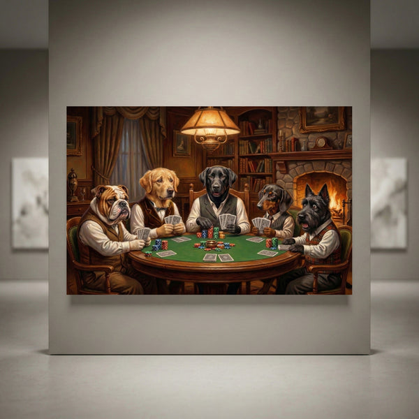 Five dogs playing poker canvas art