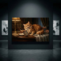 Ginger Cat Knocking Over Coffee Mug Canvas Wall Art, Funny Cat Print, Classic Study Decor